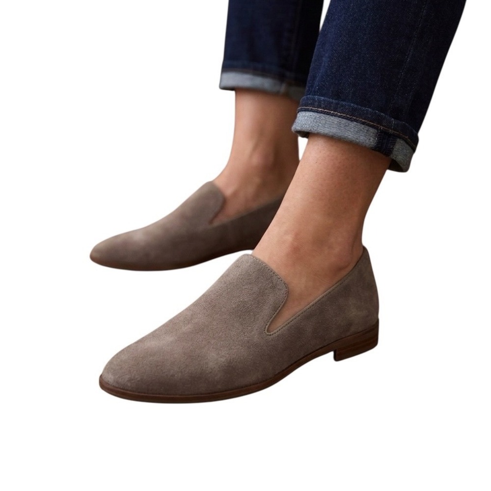 Crown Vintage Carla Women Suede Loafer Taupe Smoking Flats Low Heel Slip On 8